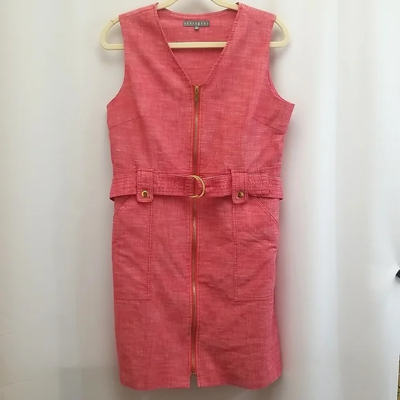 sharagano dress Collared Short Sleeve Button Down Belt Hoop Tie Waist Rayon 46% cotton Sharagano Womens Sharagano Puff Sleeve